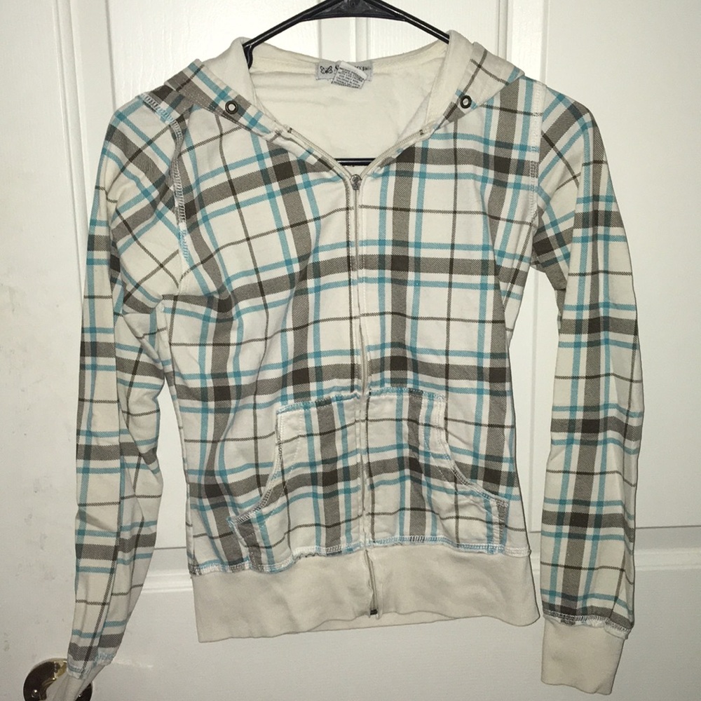 Offwhite Turquose and Brown Plaid Zip-Up Hoodie